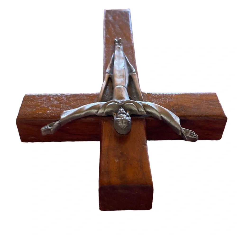 Vintage Jesus on a Wooden Cross Made with Pewter